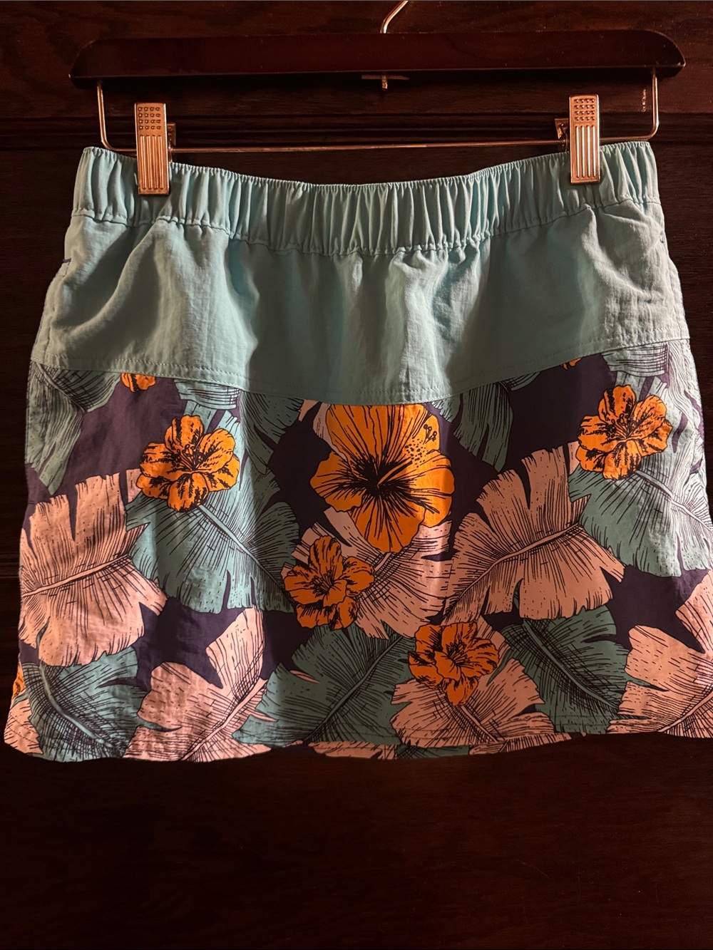 Patagonia Baggies Skirt in Aqua, Navy and Orange Tropical Print